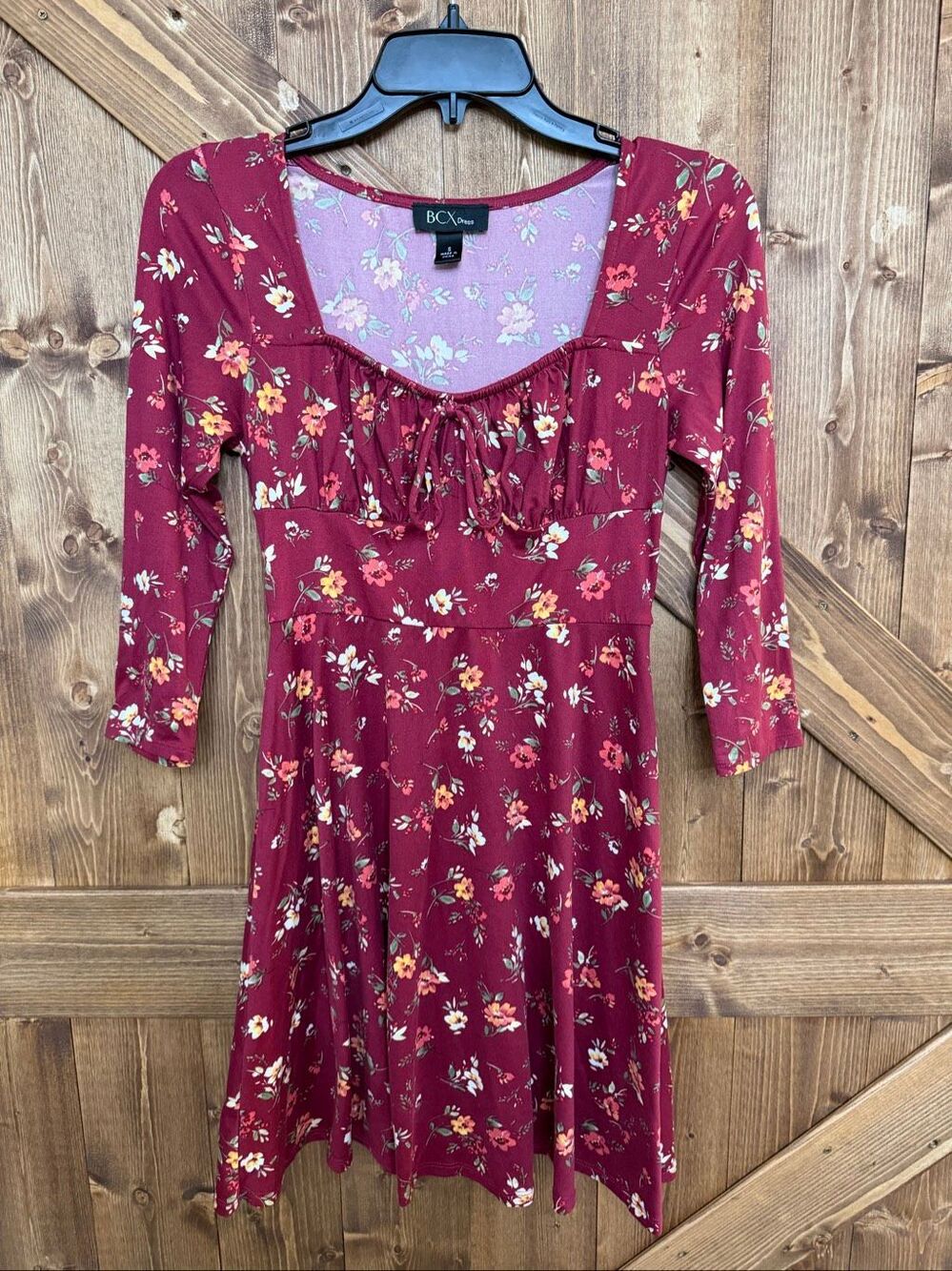 BCX Dress Women’s Small Burgundy Floral Long Sleeve Fit & Flare Mini Dress (9439